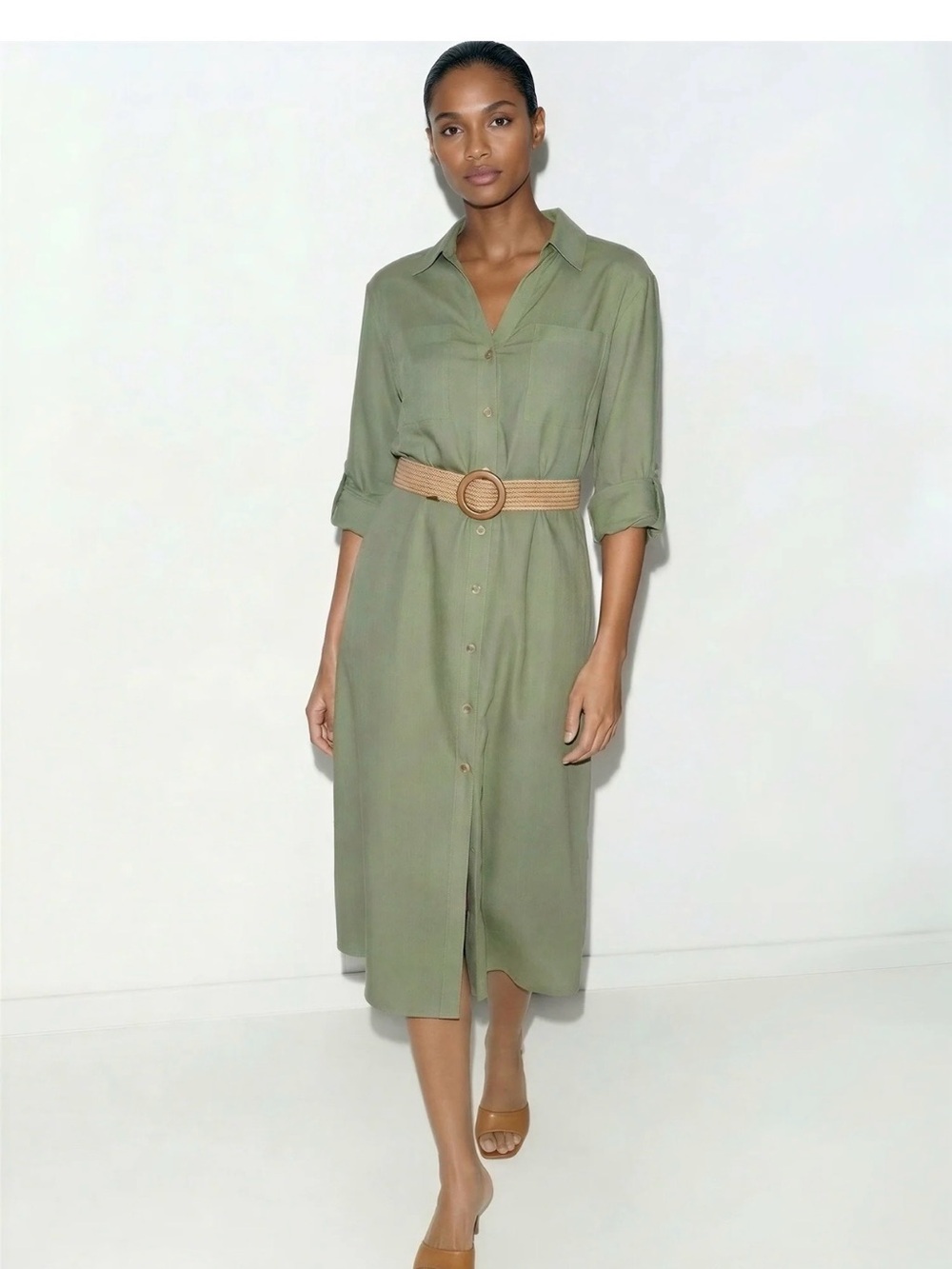Love Tree Olive Green Midi Shirt Dress with Tan Belt M